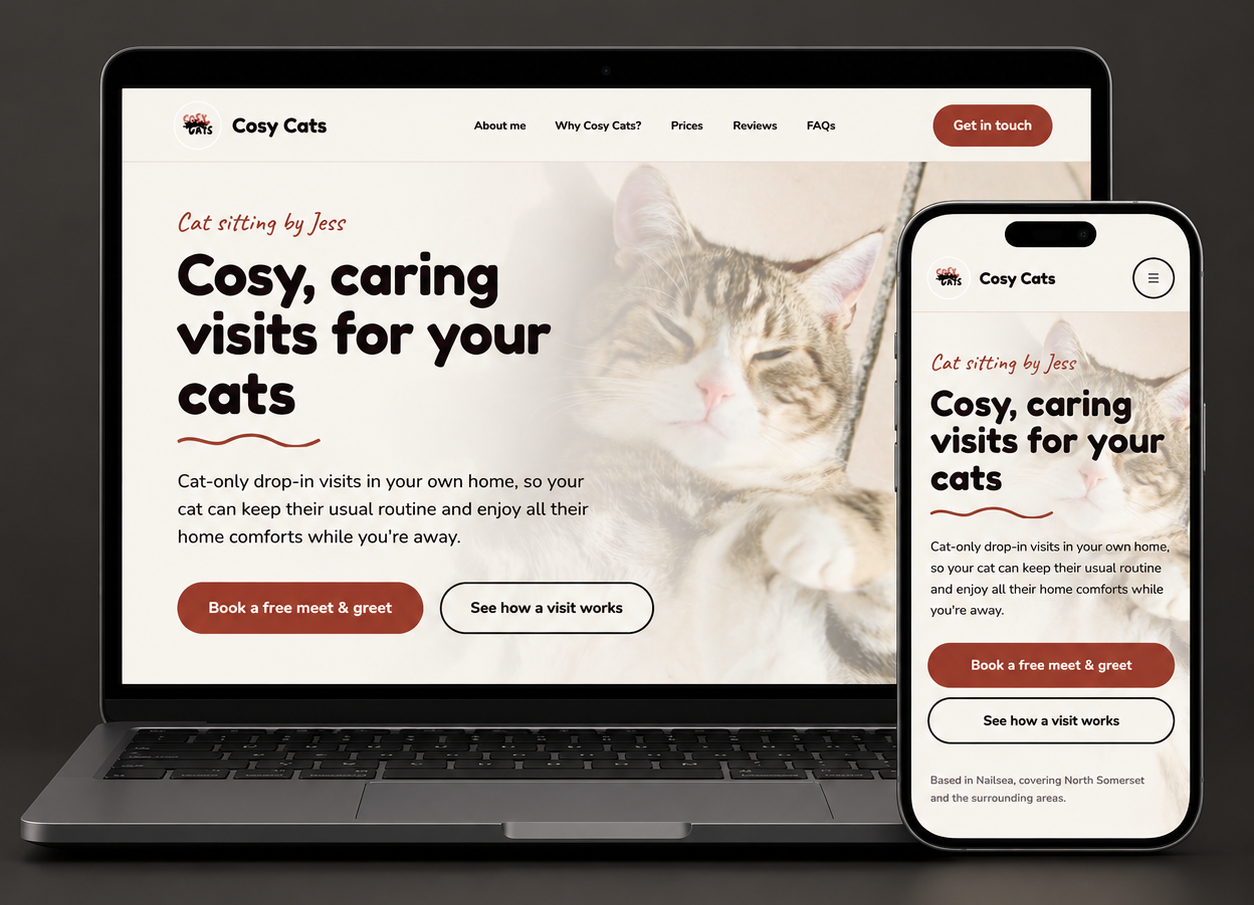 Cosy Cats cat sitting website mockup on laptop and phone