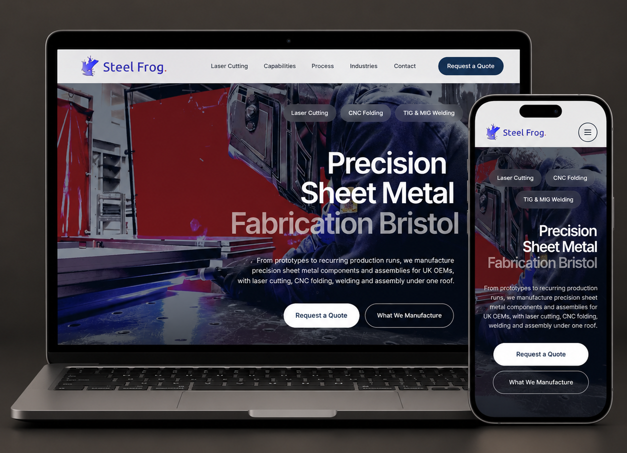 Steel Frog sheet metal fabrication website mockup on laptop and phone